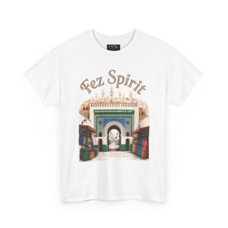 Fez Spirit T-shirt featuring Bab Bou Jeloud Blue Gate with souk stalls and skyline