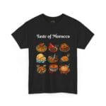 Moroccan food T-shirt featuring couscous, tagine, mint tea, and more in a colorful grid